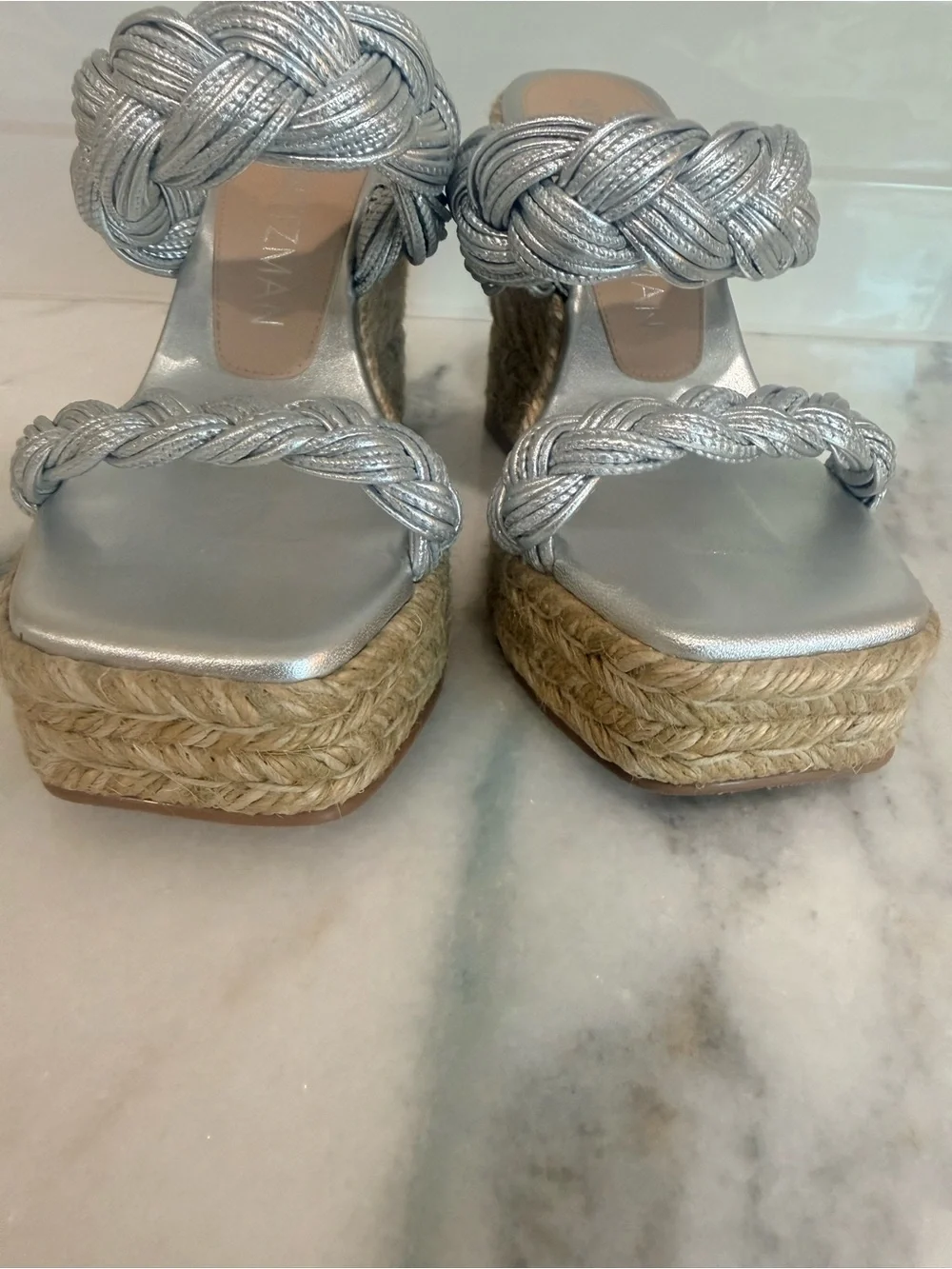 Stuart Weitzman Silver Braided Rope Strap Espadrille Wedge Sandals Spain 6.5